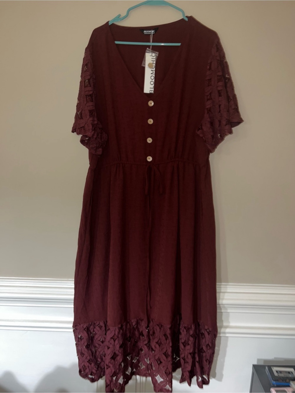 BLOOMCHIC Burgundy Lace Trim Midi Dress - 18-20 - NWT